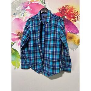 American Eagle Turquoise Teal Blue White Plaid Dress Shirt Men’s M Button up